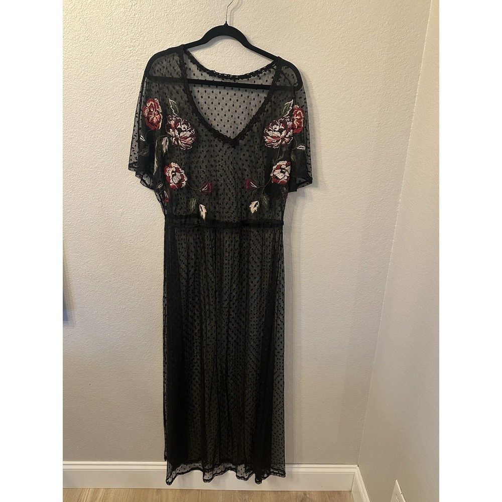 Sheer Embroidered Floral Black Lace Maxi Dress Swiss Dot Festival Rave Sz XL - Picture 2 of 5